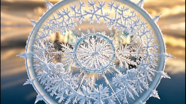 Frost pattern transforms into intricate snowflake, expanding outward against a golden sunset sky