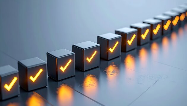 A diagonal row of dark cubes with glowing checkmarks creates a visual sequence, representing consistent progress, task completion, quality control, achievement, and organized workflow.