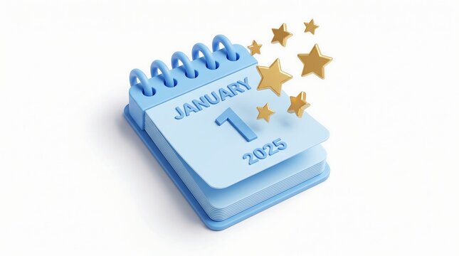A light blue 3D calendar shows the date January 1st 2025 with floating gold stars.