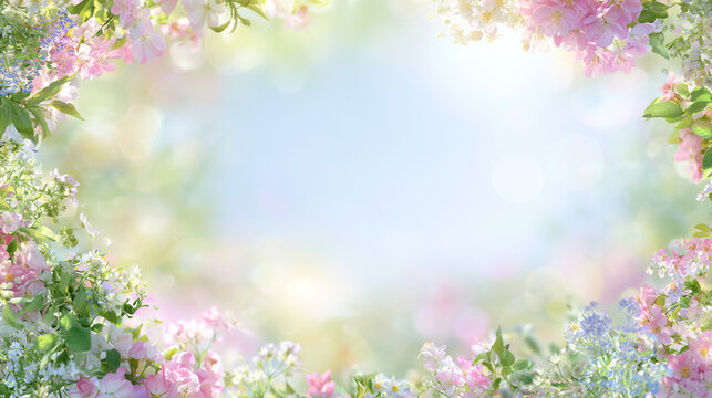 花々が周囲を彩る新緑と日差しの華やかなフレーム背景
