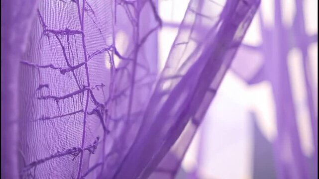 Purple sheer curtain with textured weave and shadow patterns from window light