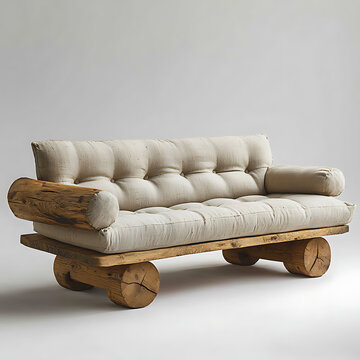 Rustic log sofa with tufted cushions and natural wood frame on a white background