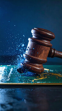 A wooden judge gavel strikes a circuit board, sending blue digital fragments flying. Nobody is present. This symbolic image captures the tension of technology law and cybercrime, no people.