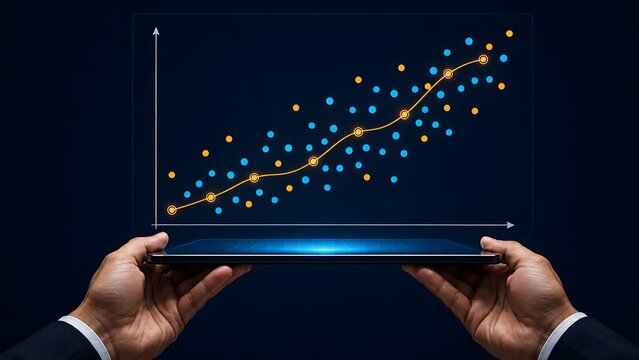 Data analytics trend forecasting concept hands holding tablet displaying glowing scatter plot and statistical growth graph