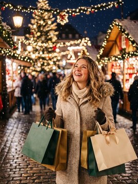 Cheerful Young Woman with Luxury Shopping Bags Looking Up at Christmas Market Lights