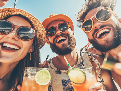 Three friends laughing and holding cocktails on a sunny day