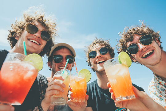 Four young men with sunglasses and cocktails celebrating outdoors under a clear blue sky