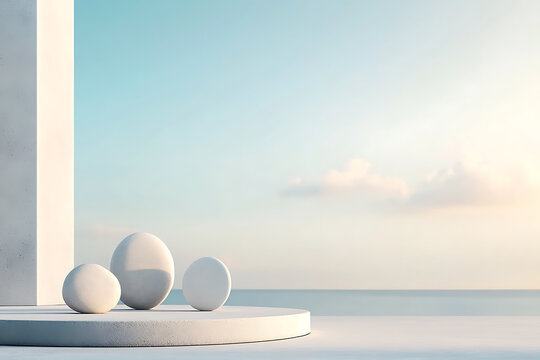 Minimalist spheres on a platform against a serene ocean and sky backdrop