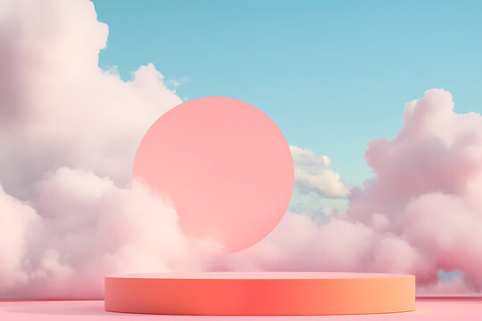 Surreal pastel podium with pink clouds and a large circle against blue sky