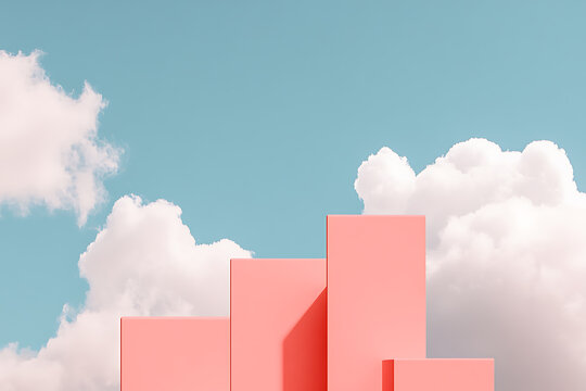 Abstract pink geometric shapes ascend against a serene blue sky with clouds
