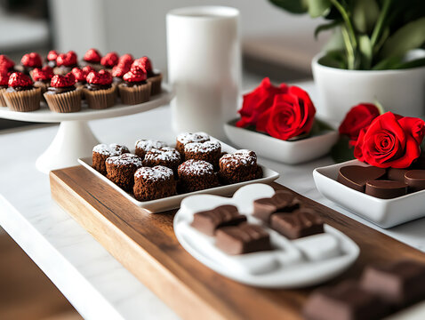 Elegant Valentine's Day dessert spread with chocolate treats and red roses