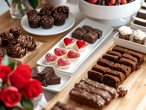 Assortment of delicious chocolate desserts and red roses for a special occasion