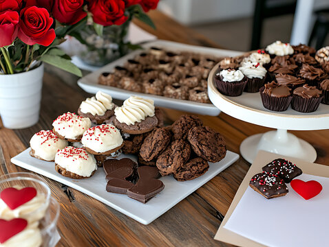 Assortment of Valentine's Day desserts with red roses and chocolate treats