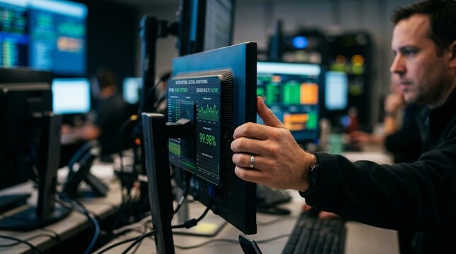 Hand adjusting a monitor while reviewing central monitoring uptime data &ndash; Close-Up