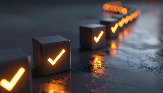 Multiple illuminated checkmark cubes extend along a reflective path with dramatic depth of field, conveying progress, completion, efficiency, business goals, and project success.