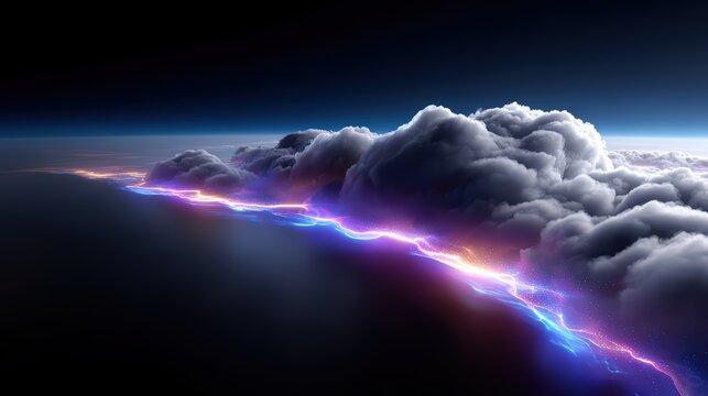 Cyberpunk neon storm lightning clouds horizon