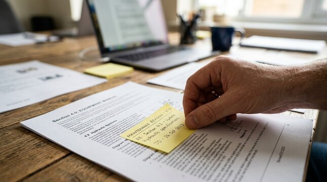 Hand placing a maintenance revision note on a printed draft page &ndash; Close-Up