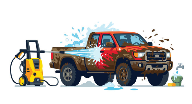 Vector Illustration of a Muddy Red Pickup Truck Being Cleaned with a High-Pressure Washer