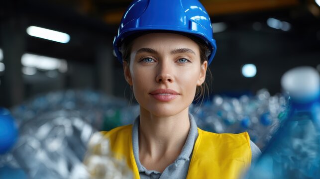Female recycling worker in hard hat surrounded by plastic bottles