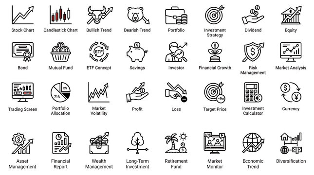 Financial line icons featured in a detailed vector collection showing economic analysis and asset management symbols.