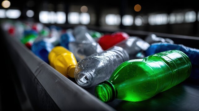 Plastic bottles moving on recycling facility conveyor belt