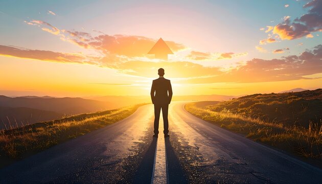 Businessman standing on a winding mountain road facing a golden sunset and upward arrow, representing strategic direction, ambition, decision making, and professional growth.