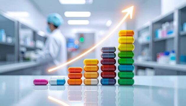 Colorful pharmaceutical capsules arranged as a rising bar chart with an upward arrow, symbolizing growth in healthcare, pharmaceutical industry, medicine production, and market demand.