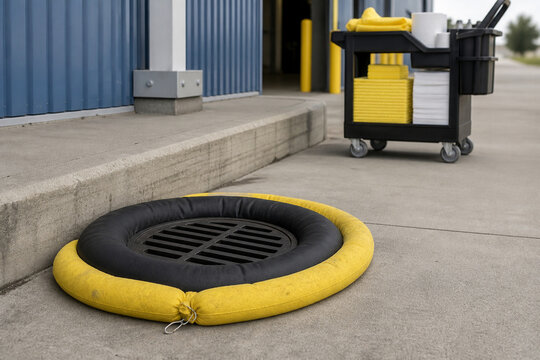 Yellow and black absorbent containment berm surrounds a storm drain beside an industrial loading area with a cleaning supply cart.
