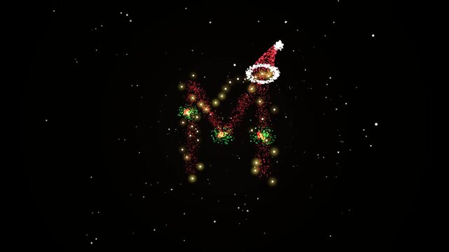 Glowing abstract christmas tree shape with a red santa hat sparkling in the dark night sky with falling snow particles 4K Motion Video