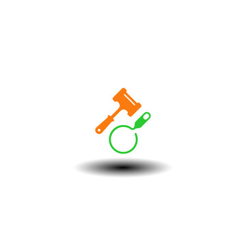Vector illustration of magnifier and gavel. Icon of investigation, surveillance and justice.