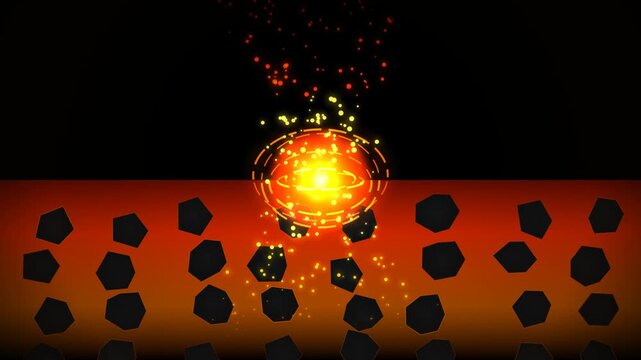 Bright glowing explosion with hot fire sparks and dark geometric shapes on a warm orange and black background 4K Motion Video
