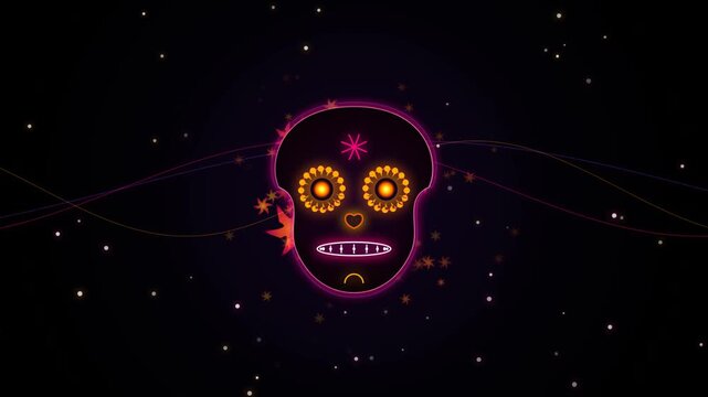 Glowing sugar skull with bright orange flowers on a dark background for day of the dead celebration 4K Motion Video