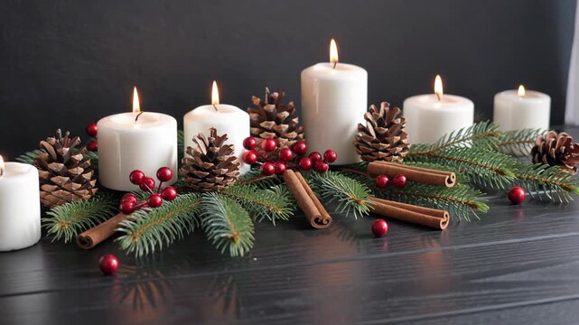 Festive Christmas table centerpiece featuring burning candles with pine cones and evergreen branches. Winter holiday home decor with cinnamon sticks on wood table