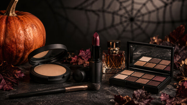 Autumn makeup still life with pumpkin, lipstick, powder compact, eyeshadow palette, perfume bottle, brush