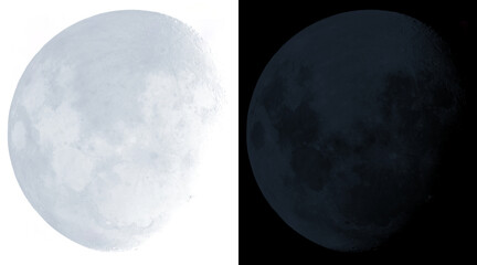 Full moon illustration set on white and black backgrounds, realistic lunar surface with craters, celestial body design elements for astronomy © MstSumaiya
