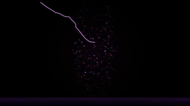 Purple lightning bolt striking a cluster of glowing particles against a dark black background 4K Motion Video