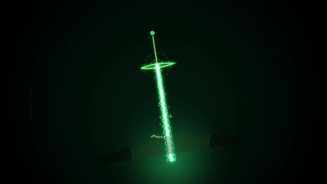 Glowing green digital sword with light particles and energy effects on a dark background 4K Motion Video