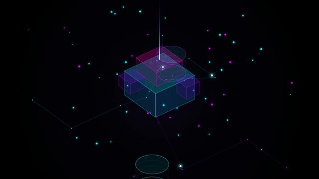 Abstract neon glowing cube structure with particles in dark digital space representing modern technology connectivity and futuristic data network concepts 4K Motion Video