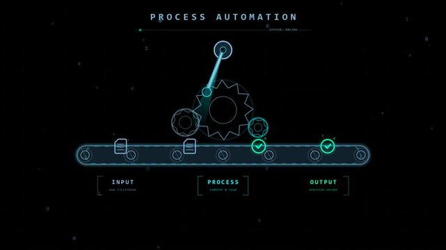 Digital process automation diagram with gears and conveyor belt showing input and output flow on a dark blue technical background 4K Motion Video