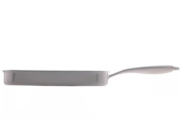 Fototapeta premium Shiny stainless steel square frying pan with a long handle on a white background