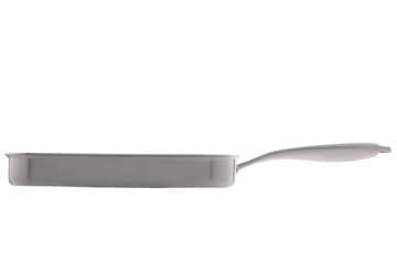 Fototapeta premium Shiny stainless steel square frying pan with a long handle on a white background