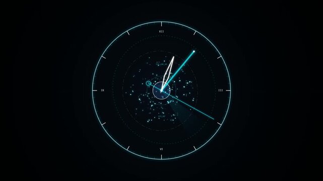 Glowing digital clock interface with futuristic neon blue circular radar scanner display on dark black background 4K Motion Video