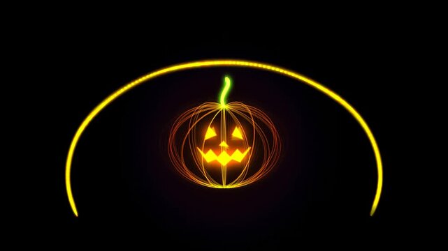 Glowing neon jack o lantern pumpkin with a bright yellow light arch on a dark black background for a spooky halloween celebration design element 4K Motion Video