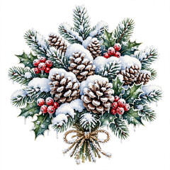 Fototapeta premium Festive Watercolor Winter Holiday Bouquet with Snow Covered Pine Cones, Fir Branches and Holly Berries