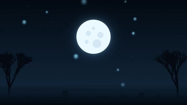 Bright full moon shining in the dark night sky above silhouettes of trees with floating glowing light particles in a calm and peaceful atmosphere 4K Motion Video