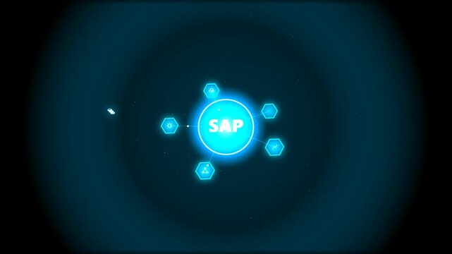 Sap logo text in a blue glowing digital network circle with connected hexagons on a dark background 4K Motion Video