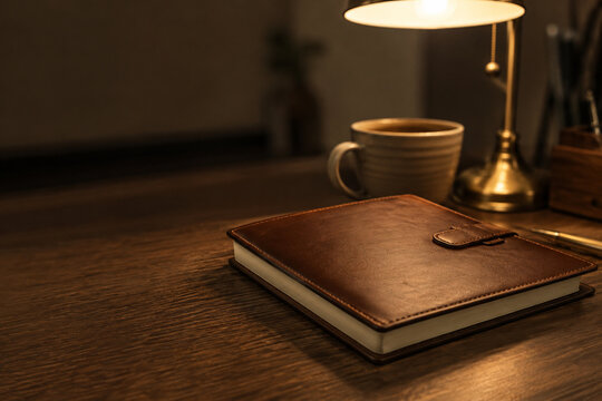 Closed leather notebook with ceramic coffee cup and brass desk lamp, after-hours desk work concept