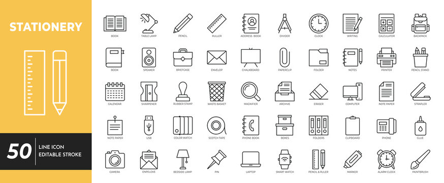 Stationery icon set. Editable stroke