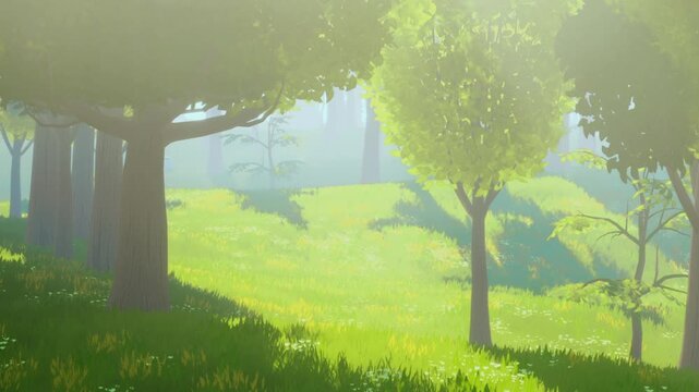 Sunlight filters through the trees in a green forest. The ground is covered in grass and small flowers. Shadow patterns are visible on the ground. This scene is lively and bright.