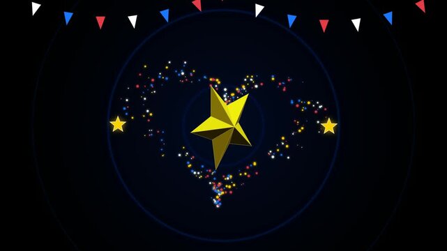 Golden bell shape made of glowing particles with festive colorful bunting flags on a dark background 4K Motion Video